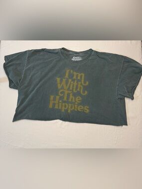 I’m with the Hippies - Cropped, Dark Teal Cropped Graphic Tee with Gold Slogan